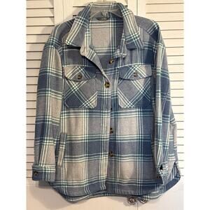 Members Mark Plaid SHACKET With Pockets Sz Large Turquoise and Gray
